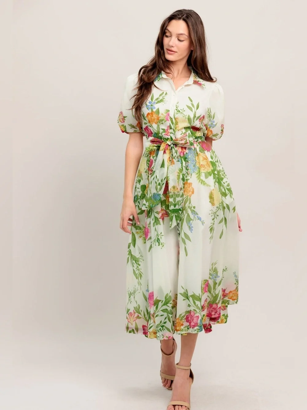 Flying Tomato Midi Floral Tie-Waist Dress in Cream and Green with Bell Sleeves - Picture 5 of 16